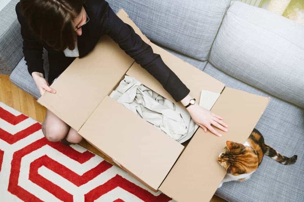 Business woman unpacking unboxing cardboard box