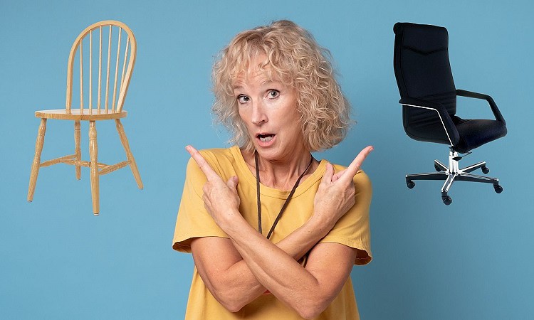 a woman with office chair and dinning chair