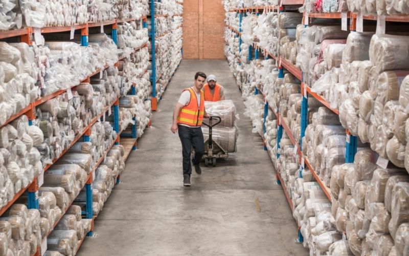 Two male workers in carpet factory pushing trolley