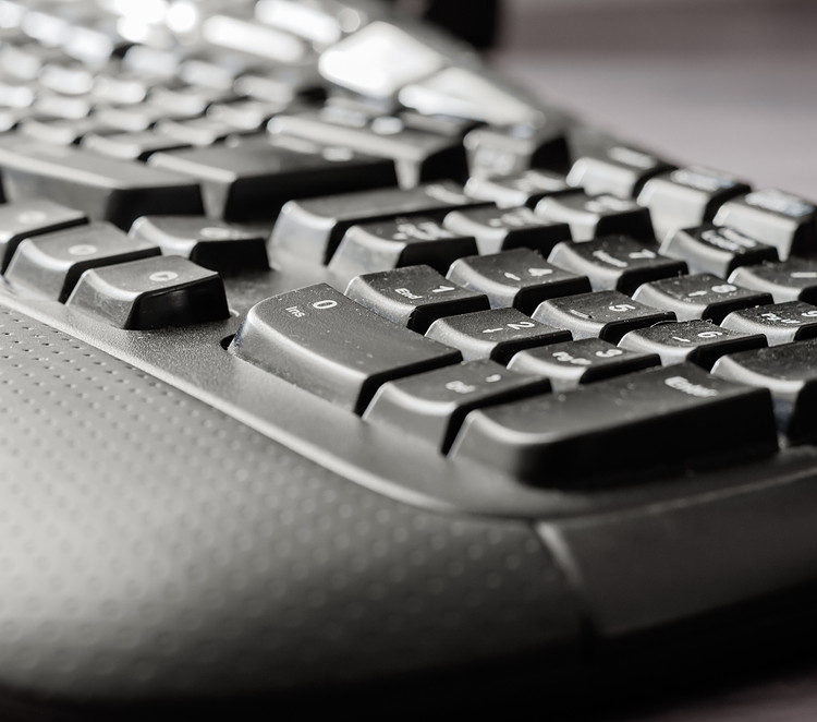 Close-up of a Black Ergonomic keyboard