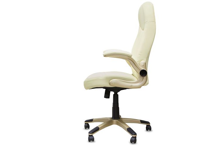 a white office chair with flip-up armrest with padding