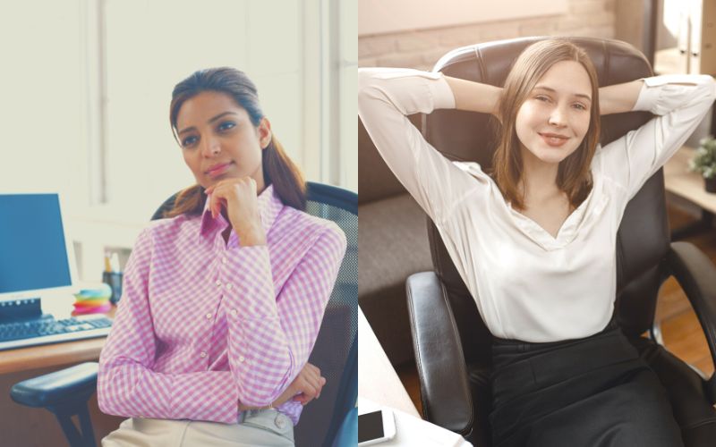 business women are sitting on mesh office chair and leather office chair