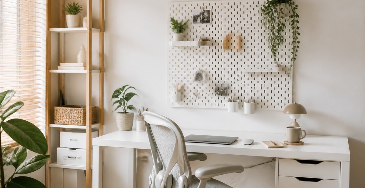 White Home Office Ideas That Still Feel Warm (Desk & Wall)