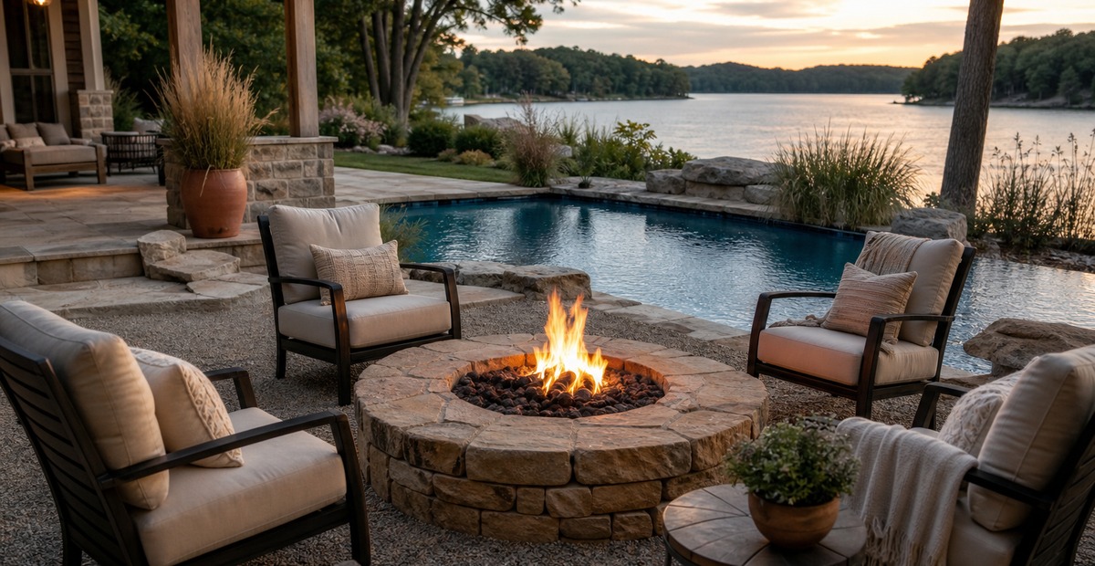 21 Fire Pit Ideas With Pool Areas That Make the Backyard Feel Finished