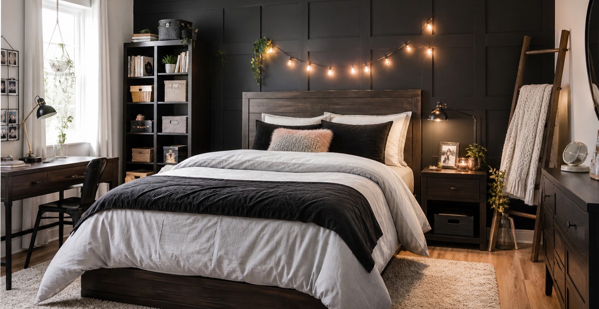21 Teen Girl Bedroom Furniture Ideas With Dark Wood, Black, White, and Grey Details